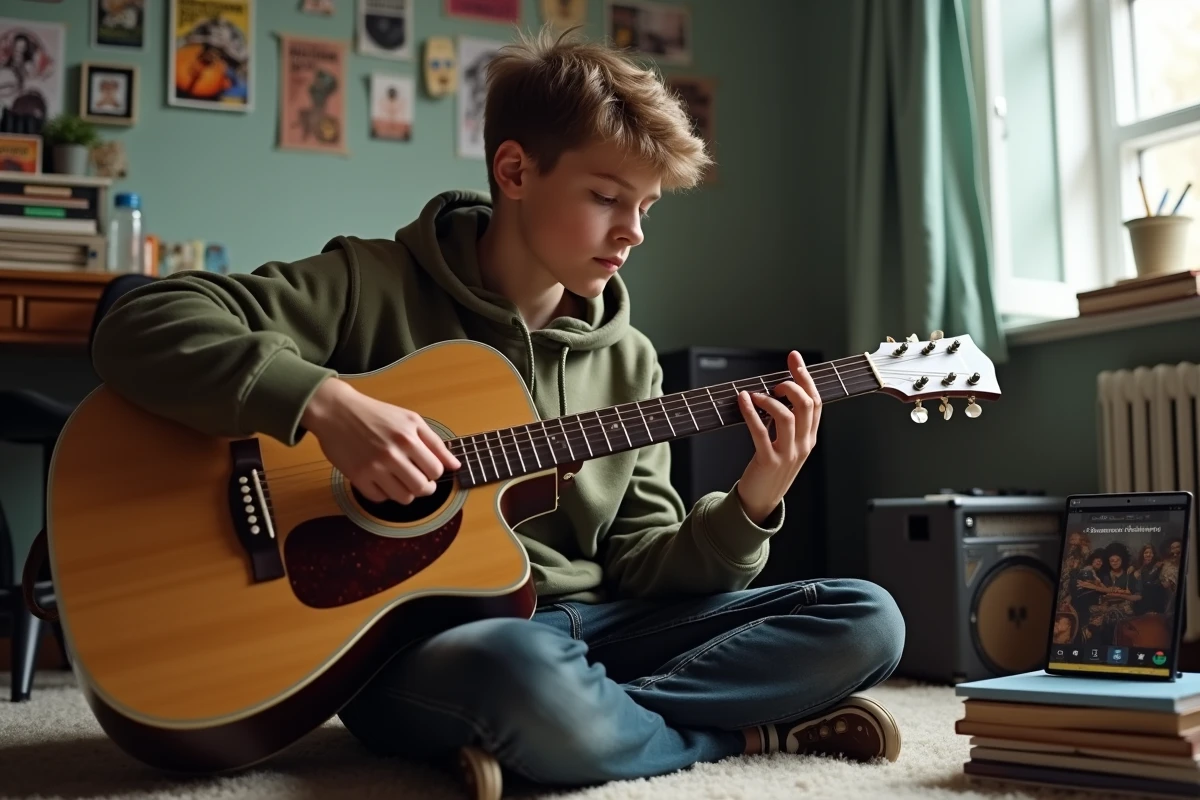 Adolescent apprenant les accords de guitare avec un tutoriel sur smartphone dans sa chambre