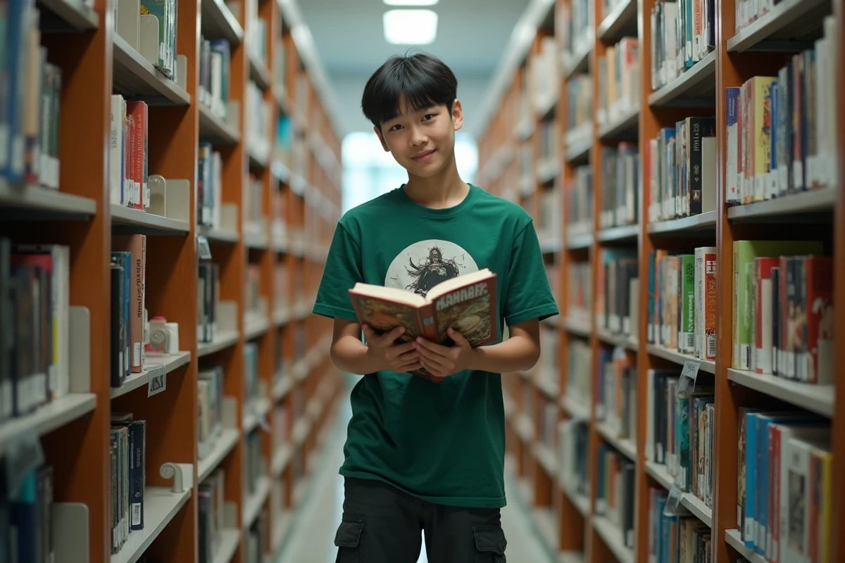 Adolescent découvrant un tome de manga dans une bibliothèque moderne remplie de rayons de livres