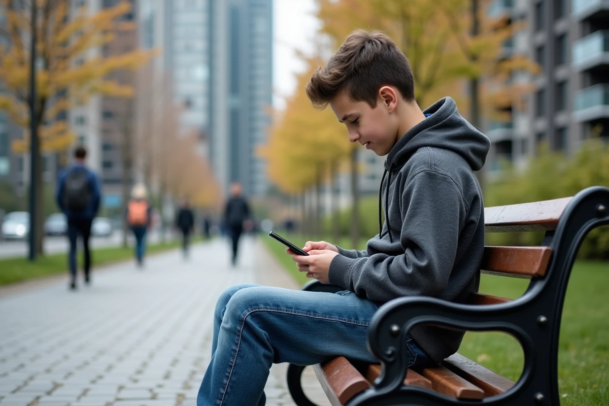 Adolescent assis sur un banc dans un parc urbain