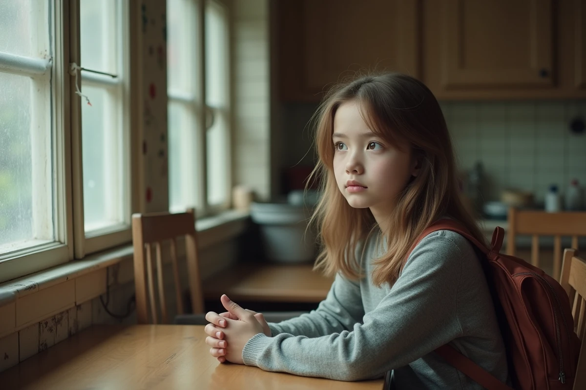 Jeune fille pensant à la fenêtre dans la cuisine