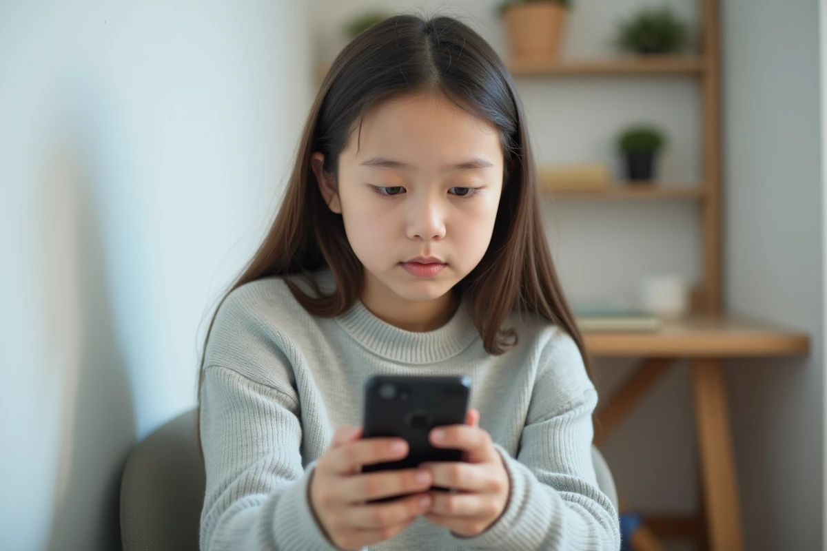 Adolescente prenant une photo d'identité numérique avec son smartphone contre un mur blanc