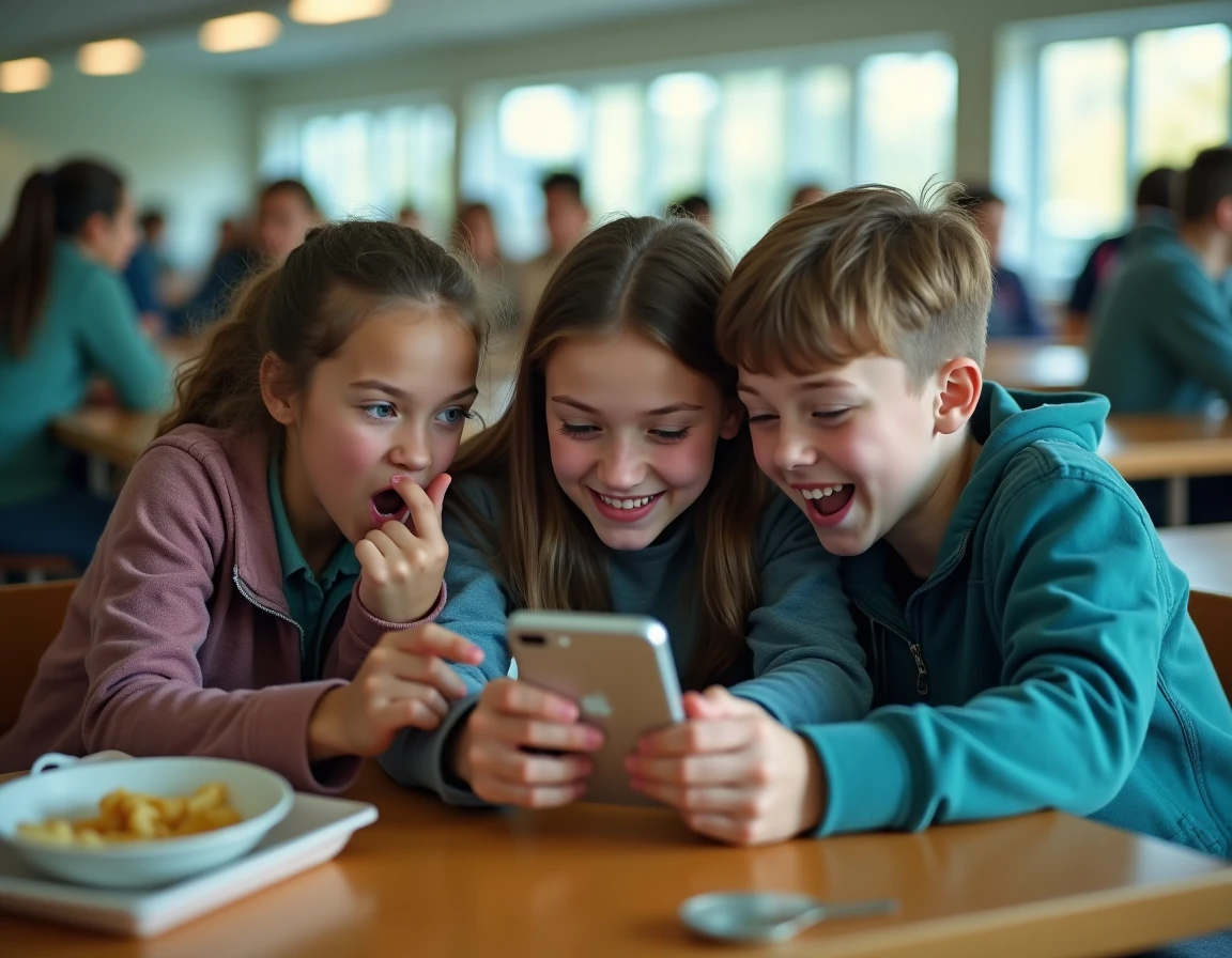 Groupe d'adolescents hilares regardant un téléphone dans une cafétéria scolaire partageant des blagues et du vocabulaire brainrot