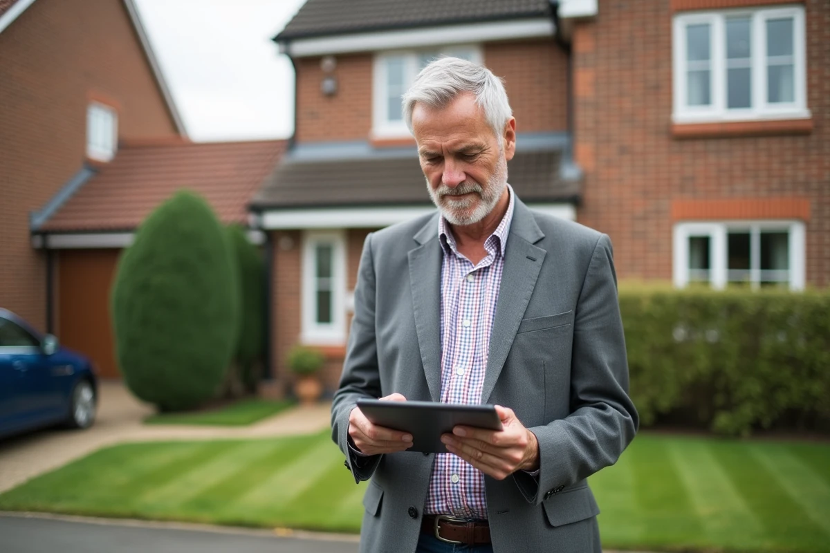 Agent immobilier devant une maison de banlieue avec tablette en main