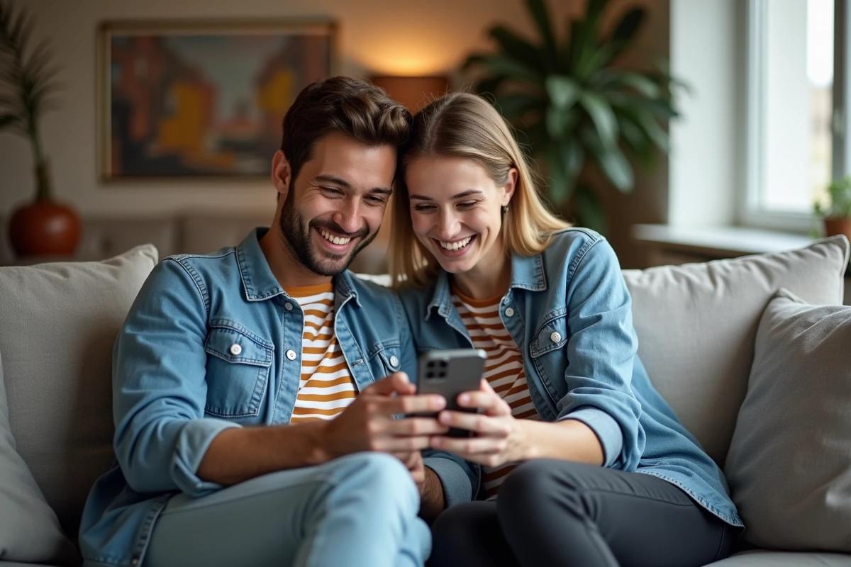 Deux amis partageant des astuces pour obtenir des tours gratuits Coin Master sur un canapé