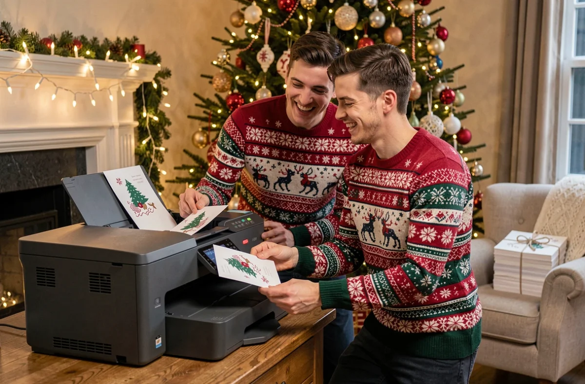 Deux amis qui impriment ensemble des cartes de Noël personnalisées dans un salon décoré pour les fêtes