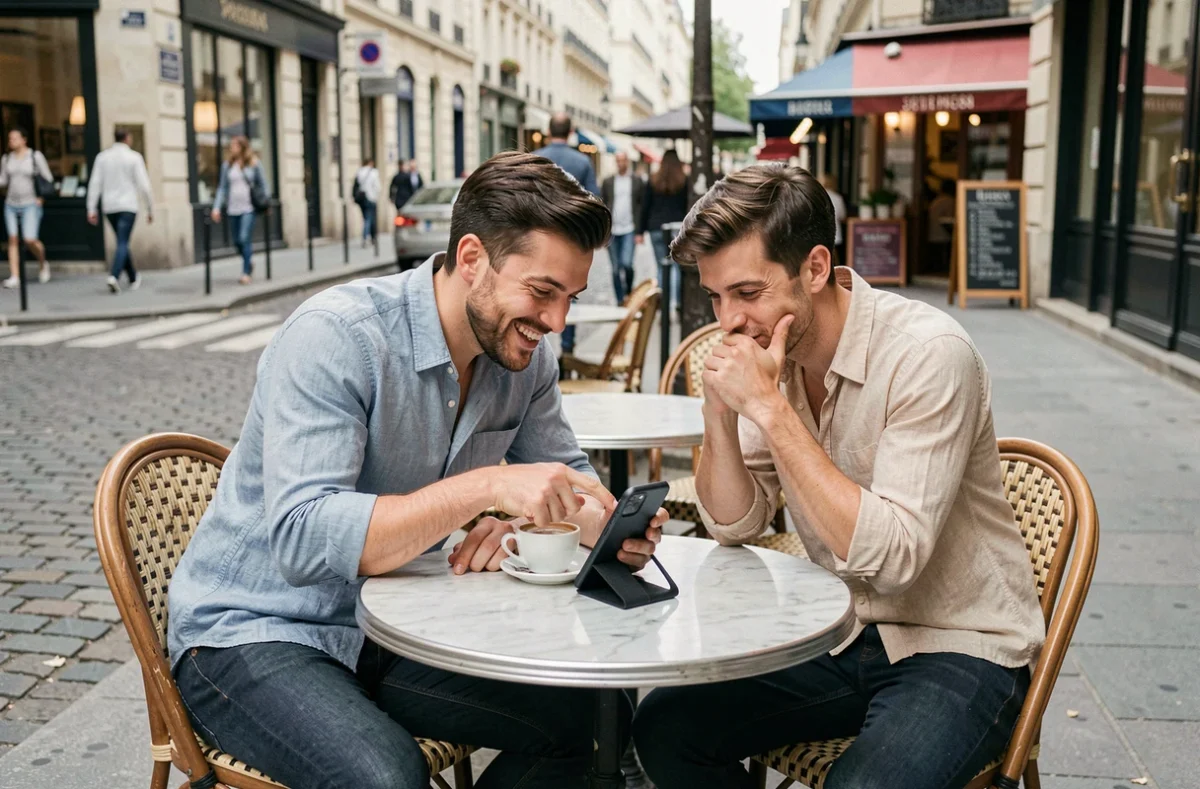 Deux amis consultant un jeu de mots sur smartphone dans un café parisien, stratégie Pédantix sans révéler la réponse