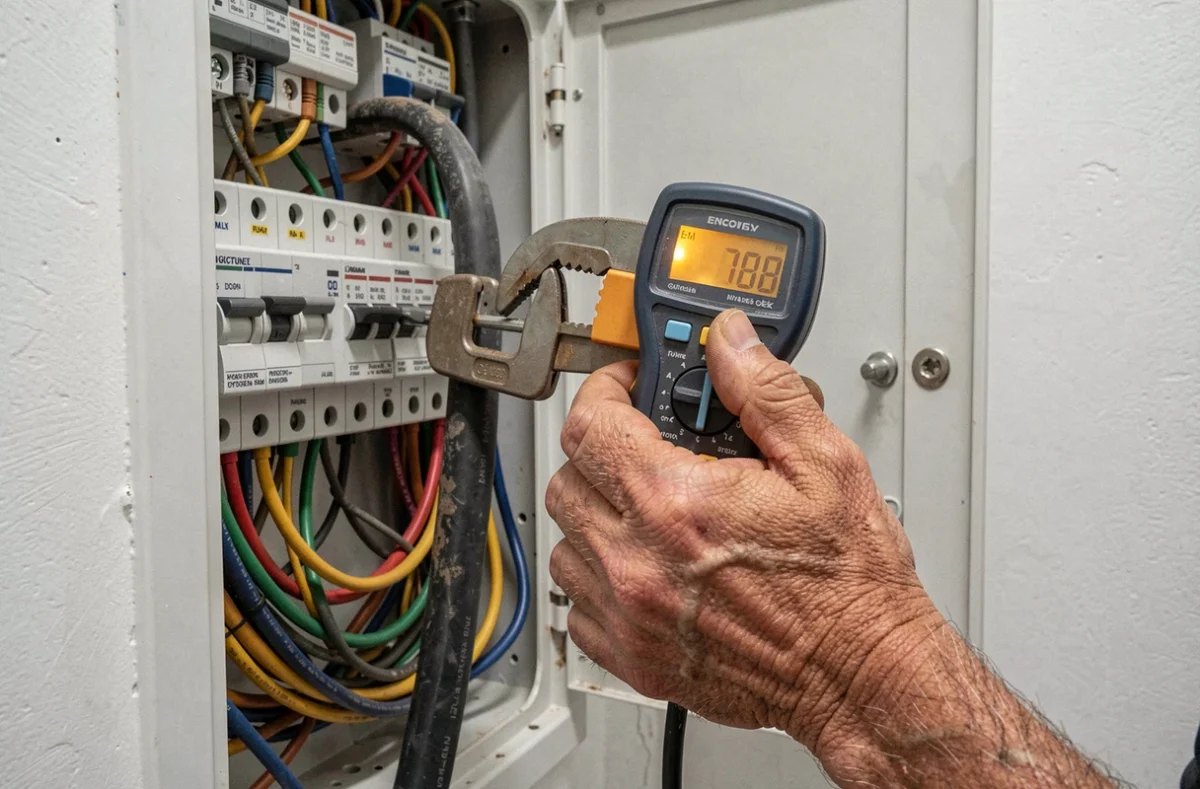 Gros plan sur des mains tenant un ampèremètre à pince autour d'un câble électrique dans un tableau de disjoncteurs résidentiel