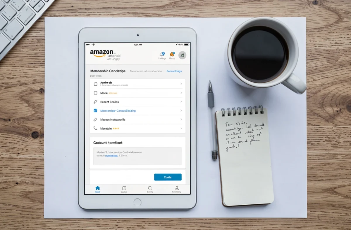 Vue aérienne d'une tablette affichant la page d'annulation d'Amazon Prime sur un bureau blanc