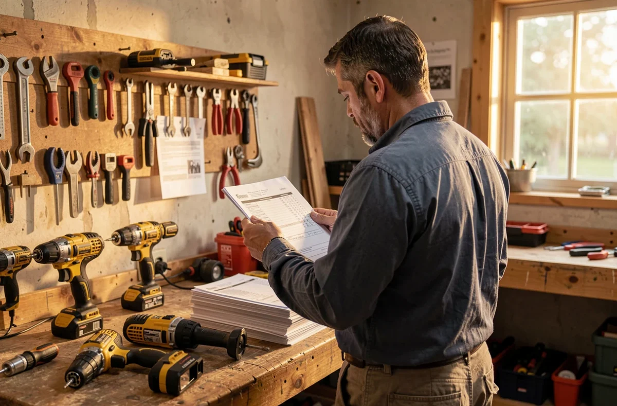 Artisan examinant ses factures à côté de son matériel neuf