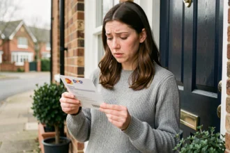 Femme lisant un avis de passage DPD devant sa porte d'entrée