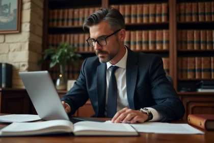 Avocat en costume marine consultant le site societehistoiredudroit.fr sur son ordinateur portable dans un bureau juridique parisien rempli de livres de droit