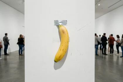 Banane scotchée au mur dans un musée d'art contemporain minimaliste, œuvre conceptuelle face aux visiteurs