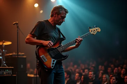 Bassiste jouant une Fender Bass VI sur scène lors d'un concert en salle, cadrage en plongée basse avec ambiance de live authentique