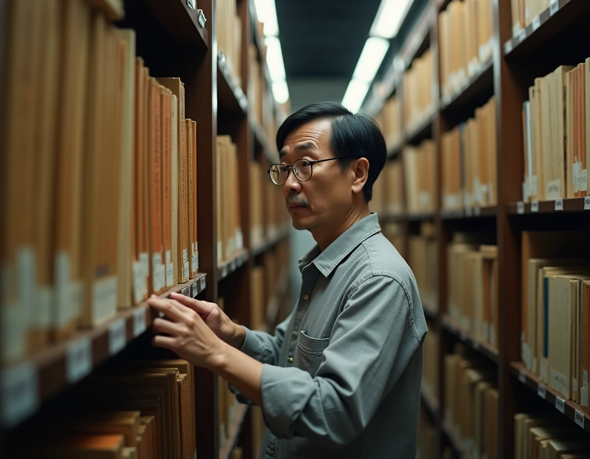 Bibliothécaire japonais rangeant des volumes historiques de manga dans une salle d'archives traditionnelle à Kyoto