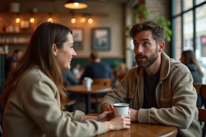 Homme gêné après avoir dit une blague maladroite lors d'un rendez-vous romantique dans un café