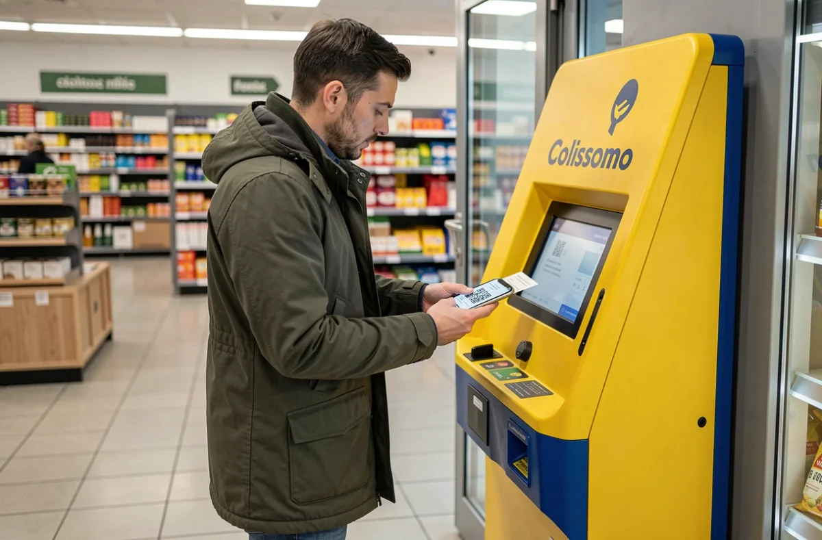 Un homme scanne une étiquette de retour Colissimo sur une borne de dépôt automatique en supermarché