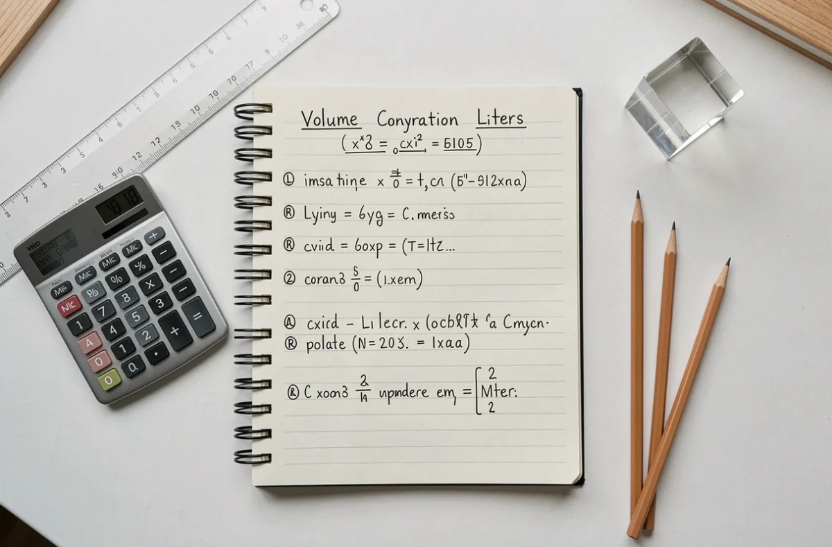 Vue aérienne d'un cahier de maths avec des exercices de conversion de volume en cm entouré d'outils scolaires
