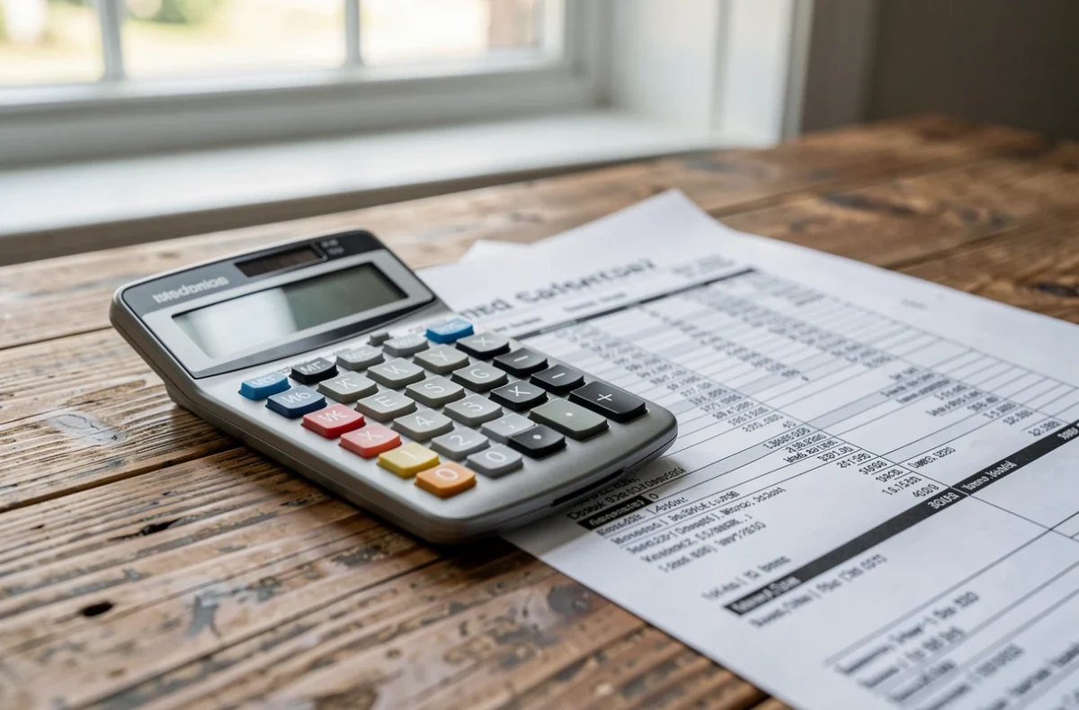 Calculatrice et factures posées sur un bureau en bois