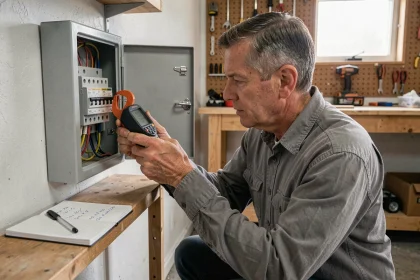 Électricien amateur calibrant ses disjoncteurs avec un ampèremètre à pince devant un tableau électrique ouvert dans un garage