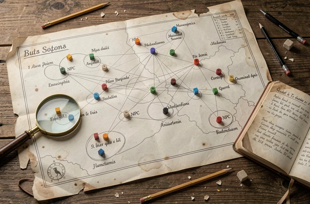 Carte de jeu annotée avec les emplacements des PNJ et objets clés de la quête Il y a un os de Wabbit