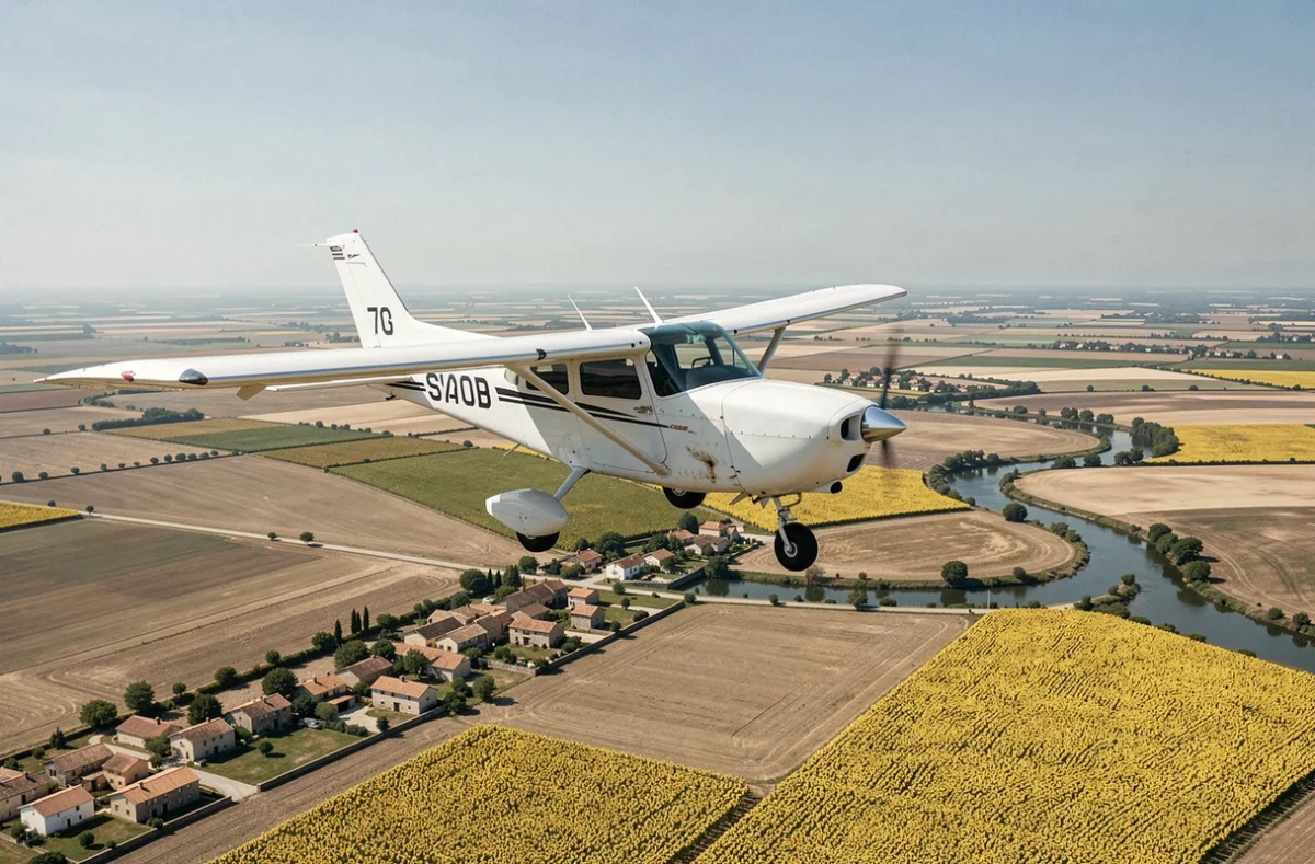 Cessna 172 en croisière au-dessus des paysages agricoles du sud de la France lors d'un vol touring