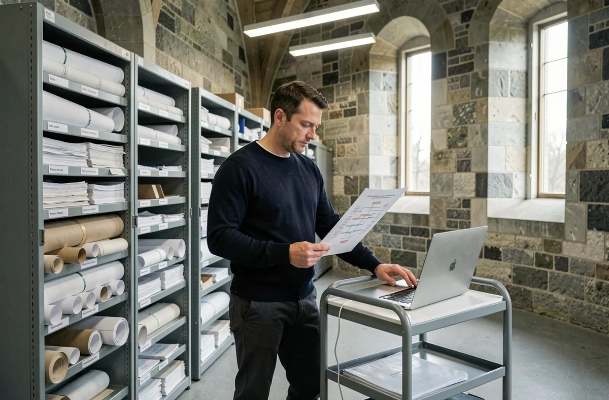 Chercheur en généalogie consultant des archives numérisées dans une salle d'archives d'une abbaye rénovée