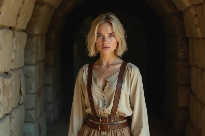 Jeune femme blonde en costume médiéval fantastique dans un couloir de pierre, illustrant le personnage de Christa dans L'Attaque des Titans