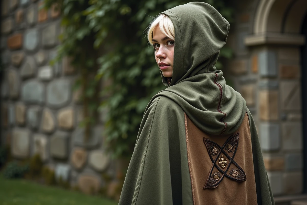Cosplayeuse en costume militaire de L'Attaque des Titans devant un mur de pierre, représentant le personnage de Christa et son rôle politique dans la série