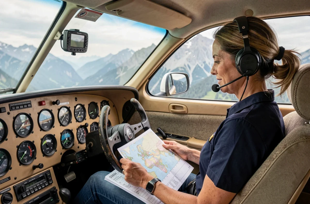 Pilote féminine en cockpit de Cessna 172 consultant une carte VFR avec vue sur les Alpes suisses