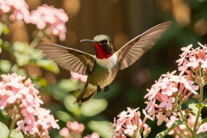 Colibri en vol stationnaire devant des fleurs roses dans un jardin naturel, symbolisant la signification du colibri en rêve