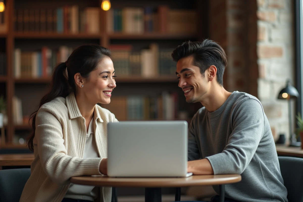 Collaboration entre une femme et un jeune homme au café