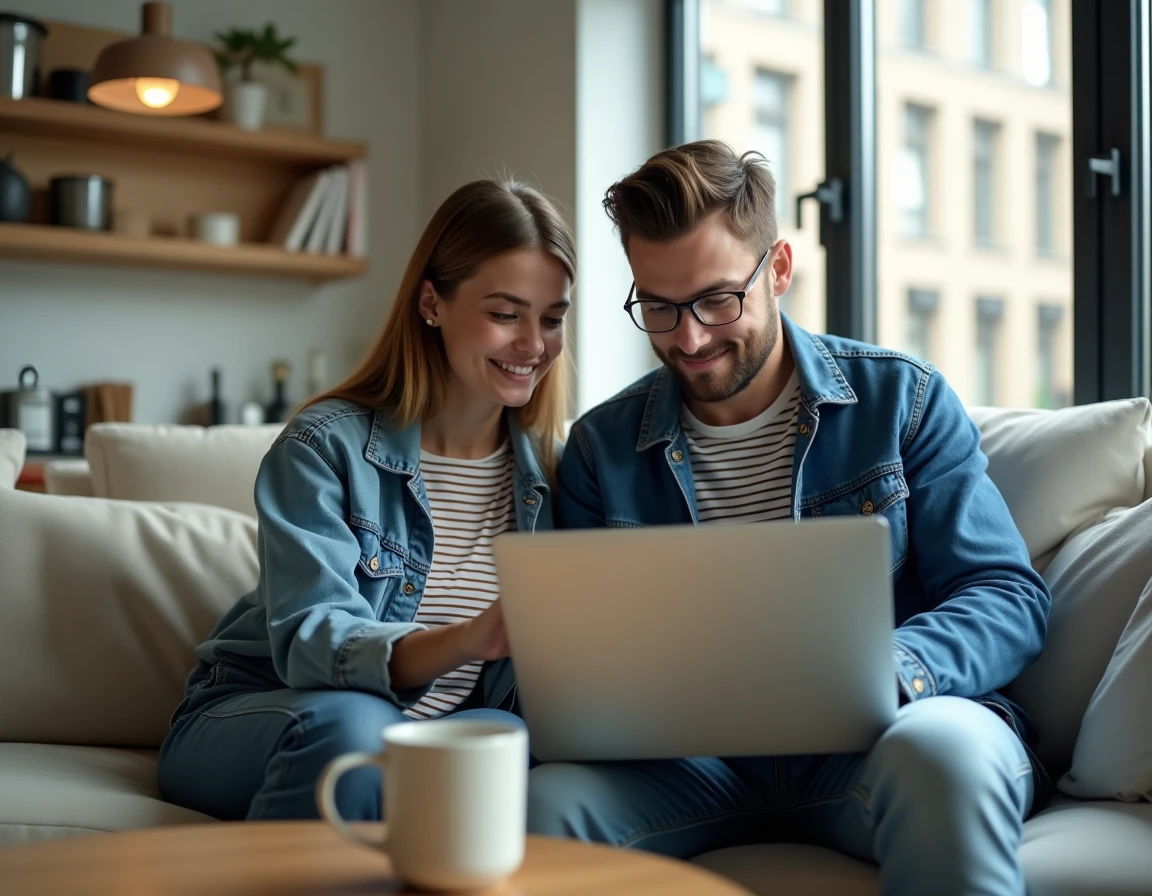 Deux adultes collaborant ensemble pour apprendre les premiers pas et bonnes pratiques d'un outil numérique dans un salon moderne