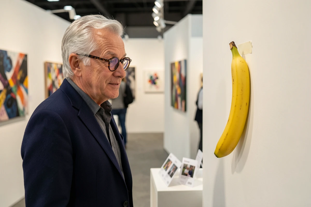 Collectionneur d'art élégant examinant une banane scotchée au mur lors d'une foire d'art contemporain
