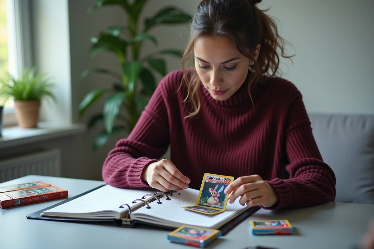 Collectionneuse triant et protégeant des cartes rares Pokémon issues de l'extension Flammes Fantasmagoriques dans un espace de travail minimaliste
