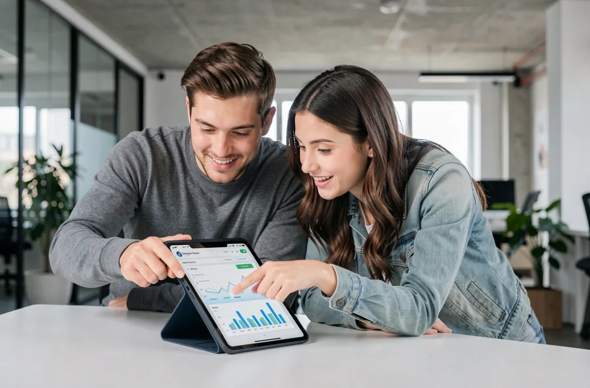 Deux collègues collaborant sur des astuces avancées pour le jeu Cemantix en analysant des indices sémantiques sur une tablette dans un espace de coworking moderne
