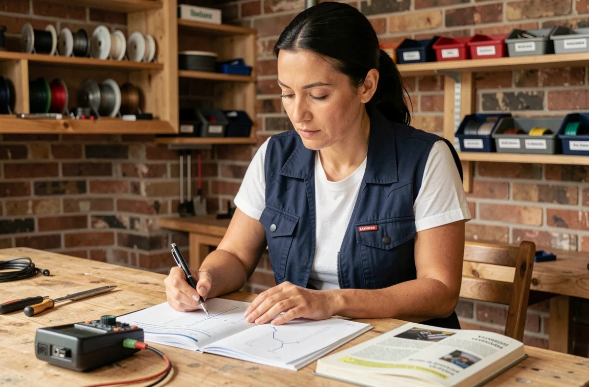 Femme bricoleur consultant un tableau de conversion watt ampère avec un multimètre sur un établi en bois