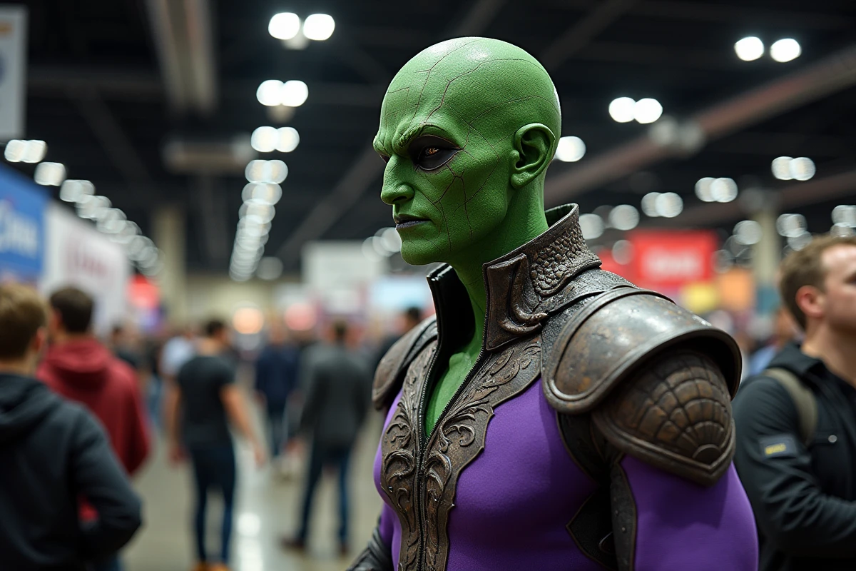 Costume de cosplay d'un vilain de Spider-Man exposé lors d'une convention pop culture avec foule en arrière-plan flou