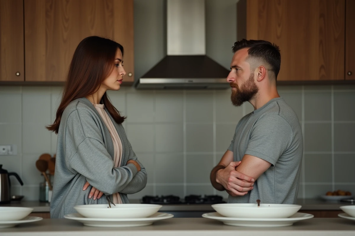 Homme et femme dans la cuisine en réflexion