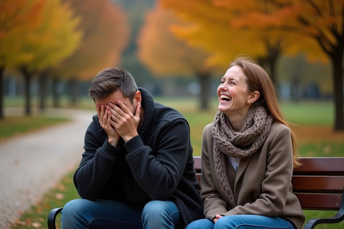 Couple dans un parc, homme embarrassé et femme qui rit après une blague ratée en rendez-vous