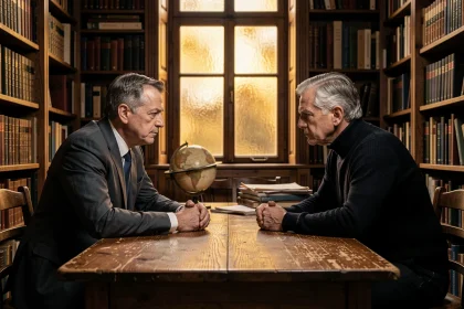 Deux hommes d'âge mûr aux convictions opposées s'affrontent lors d'un débat philosophique intense dans une bibliothèque chargée d'histoire