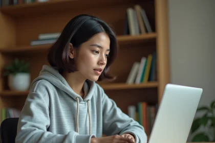 Jeune femme débutante apprenant à utiliser un outil numérique sur son ordinateur portable dans un bureau à domicile