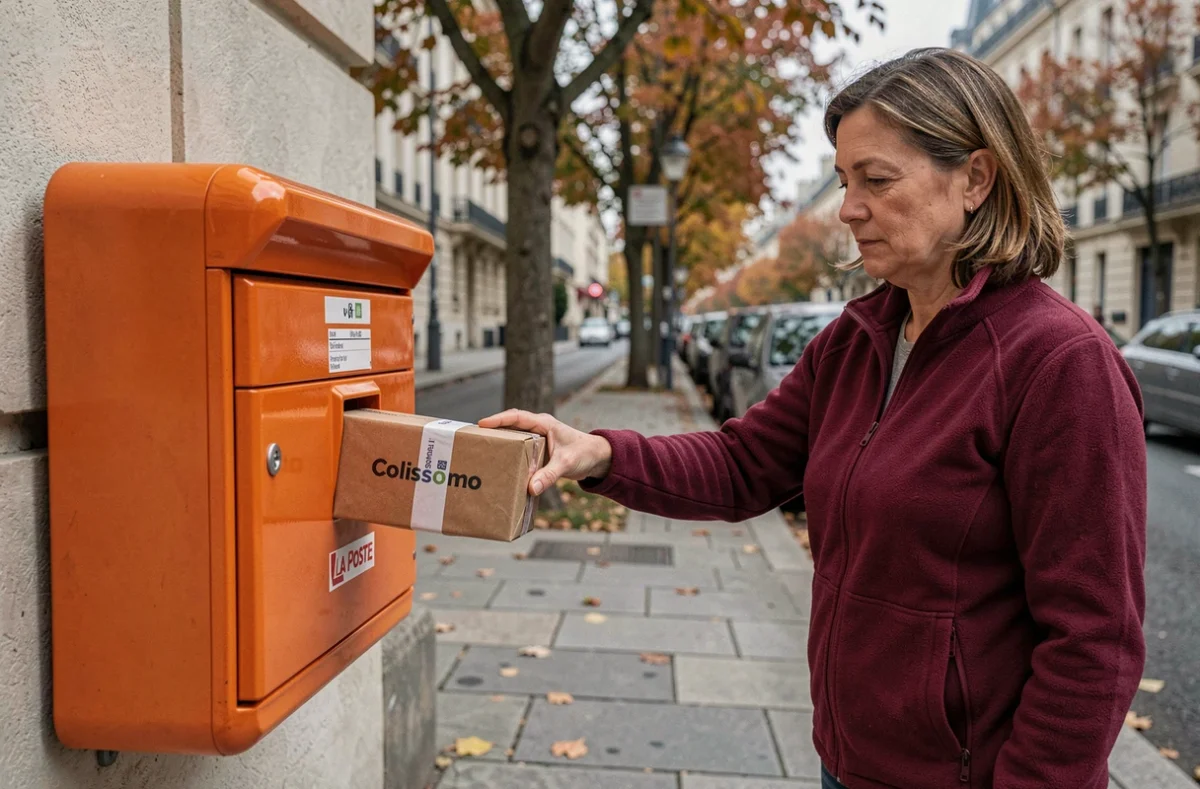 Une femme glisse un colis Colissimo dans une boîte aux lettres La Poste dans une rue résidentielle française