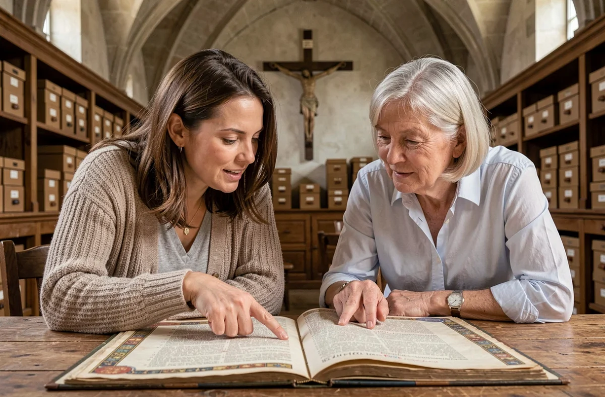 Deux femmes de générations différentes découvrant ensemble des registres paroissiaux anciens dans une salle de lecture monastique