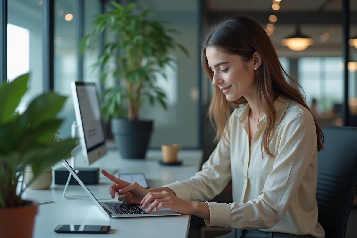 Jeune femme programmeuse en open space avec tablette
