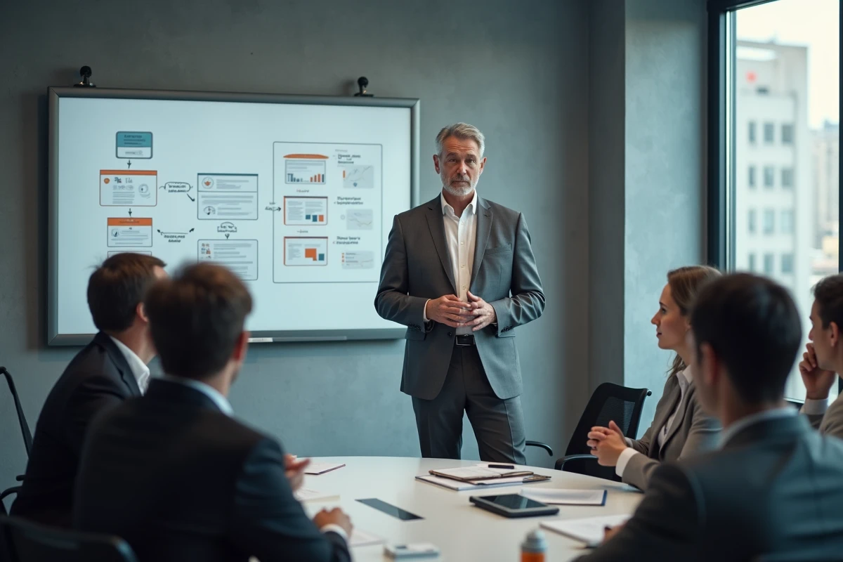 Directeur RH présentant une stratégie de soutien externalisé aux ressources humaines sur tableau blanc
