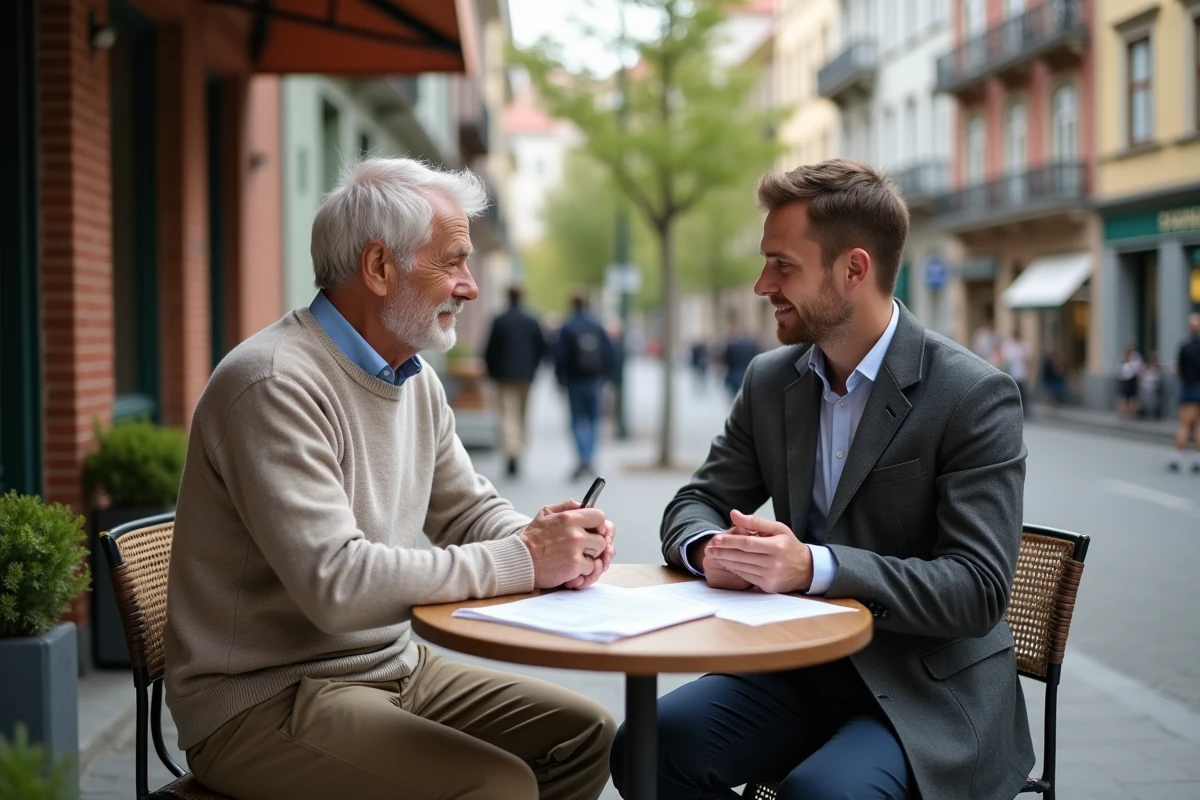 Homme et agent immobilier discutant au café en ville