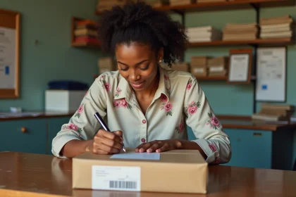 Femme mauricienne écrivant un code postal sur un colis dans un bureau de poste à l'Île Maurice
