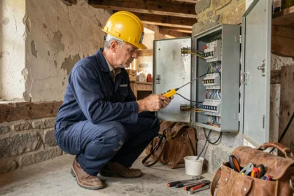 Électricien professionnel inspectant un tableau électrique dans une ferme traditionnelle des Vosges