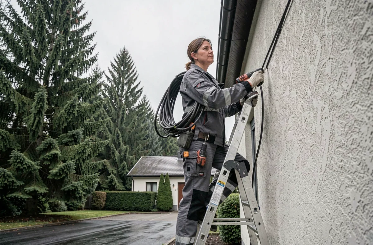 Électricienne qualifiée travaillant en extérieur sur une maison résidentielle dans les Vosges