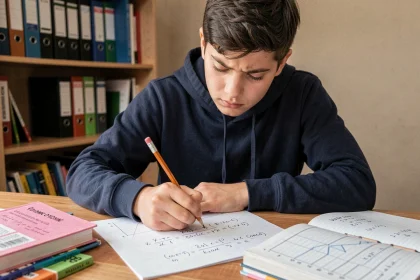 Adolescent qui résout des exercices de conversion de volume en cm sur du papier quadrillé à son bureau